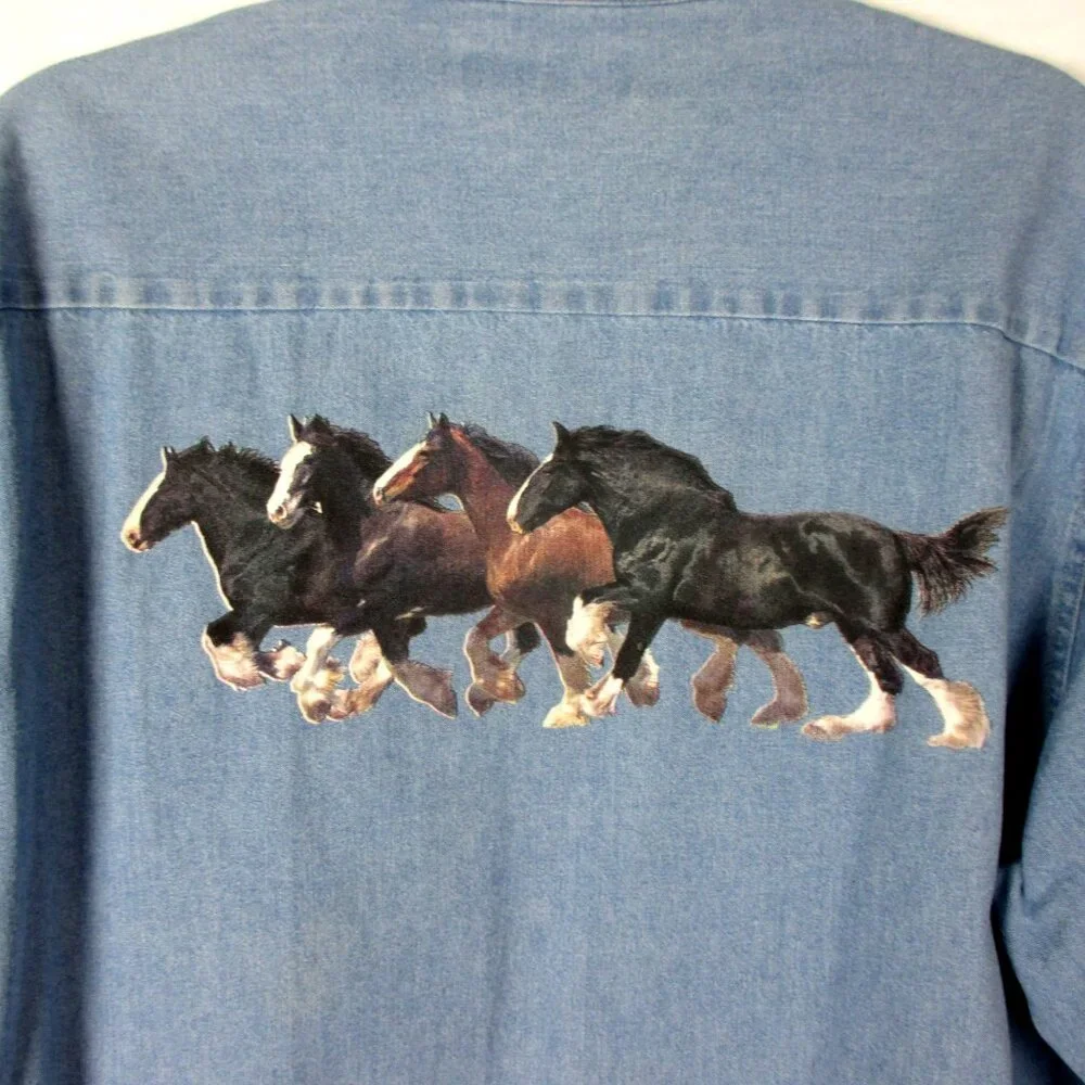 Jerzees Horse Denim Shirt Button Down Women's Cotton Size L Equestrian - Picture 5 of 8